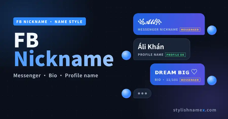 FB nickname examples in chat bubbles: a stylish Messenger nickname, a profile-safe name and a short bio