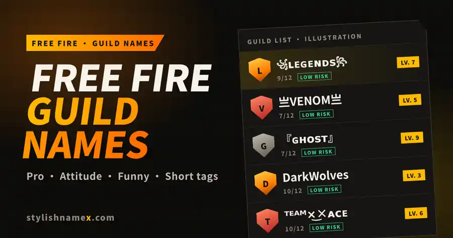 Free Fire guild names in a guild list: Legends, Venom, Ghost, DarkWolves and Team Ace with their character counts