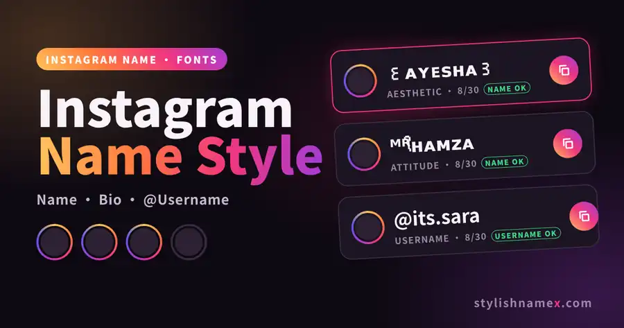 Instagram name style examples on profile cards: an aesthetic name, an attitude name and a valid @username