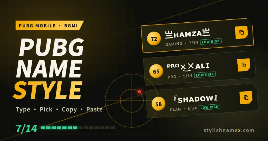 PUBG name style examples on gold lobby name plates with a 14-character counter