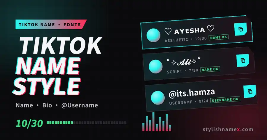 TikTok name style examples on profile cards: an aesthetic name, a script name and a valid @username