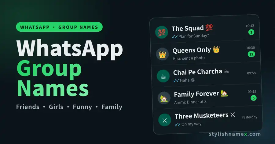 WhatsApp group names in a chat list: a friends group, a girls group and a family group with emoji